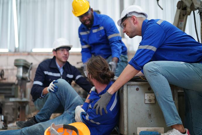 Obreros en zona de trabajo, mientras que uno está apoyado en el suelo y siendo ayudado